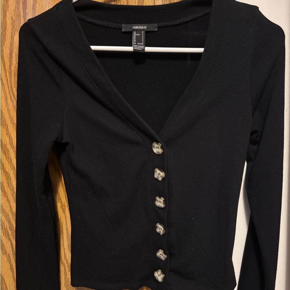 Forever 21 Black V-Neck Button-Down Shirt